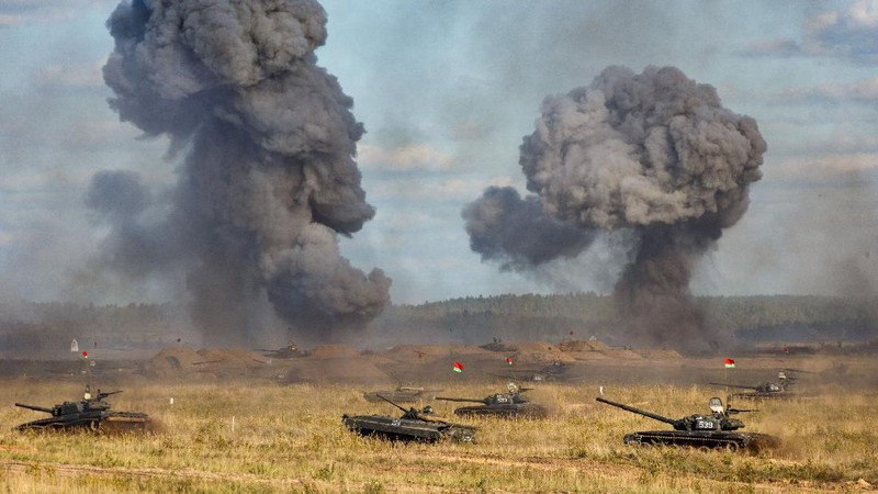 Russian MI-24 attack helicopters fire rockets during the active phase of the military exercises 