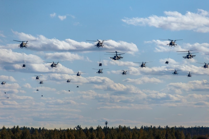 Russian MI-24 attack helicopters fire rockets during the active phase of the military exercises 