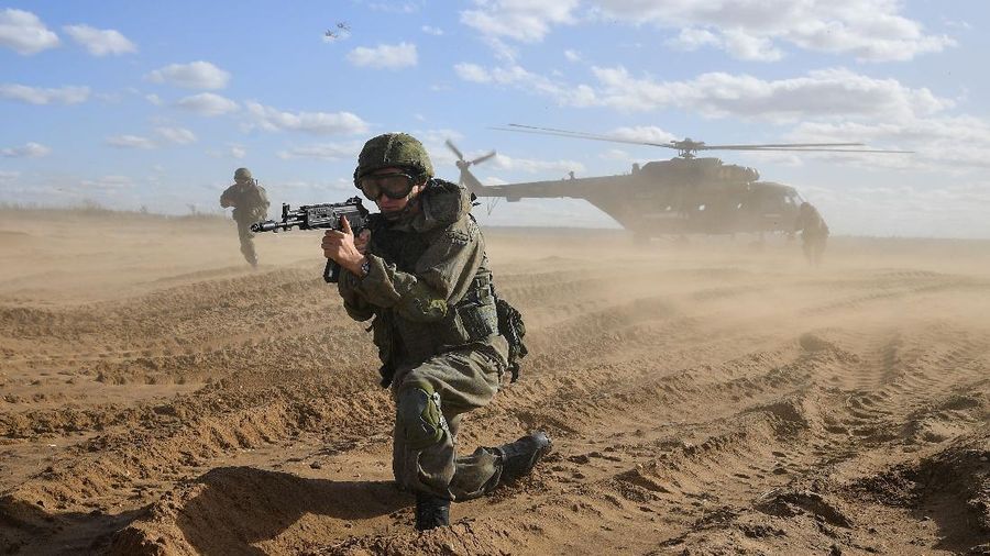 Russian MI-24 attack helicopters fire rockets during the active phase of the military exercises 