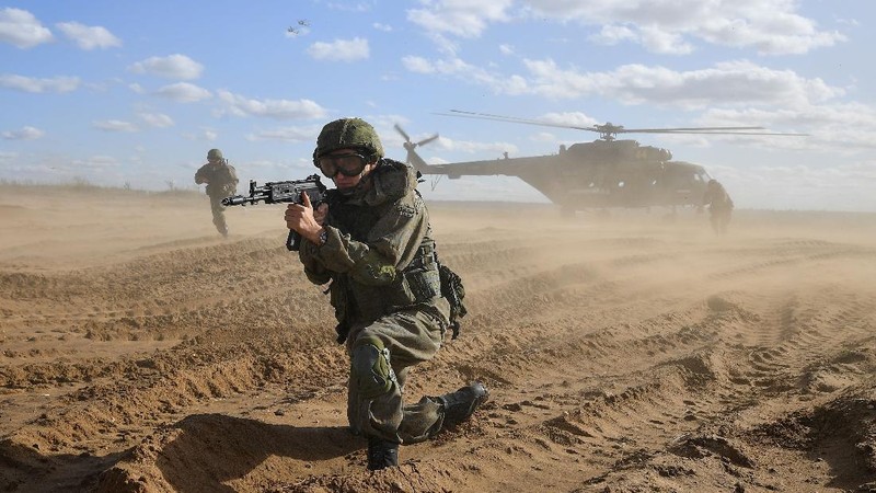 Russian MI-24 attack helicopters fire rockets during the active phase of the military exercises 