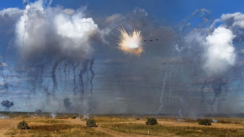 Russian MI-24 attack helicopters fire rockets during the active phase of the military exercises 