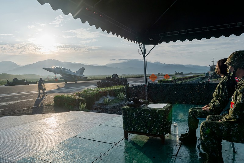 In this photo released by the Taiwan Presidential Office, a military jet taxis along a highway in Jiadong, Taiwan, Wednesday, Sept. 15, 2021. Four military aircraft landed on the highway and took off again on Wednesday as part of Taiwan's five-day Han Guang military exercise designed to prepare the island's forces for an attack by China, which claims Taiwan as part of its own territory. (Taiwan Presidential Office via AP)