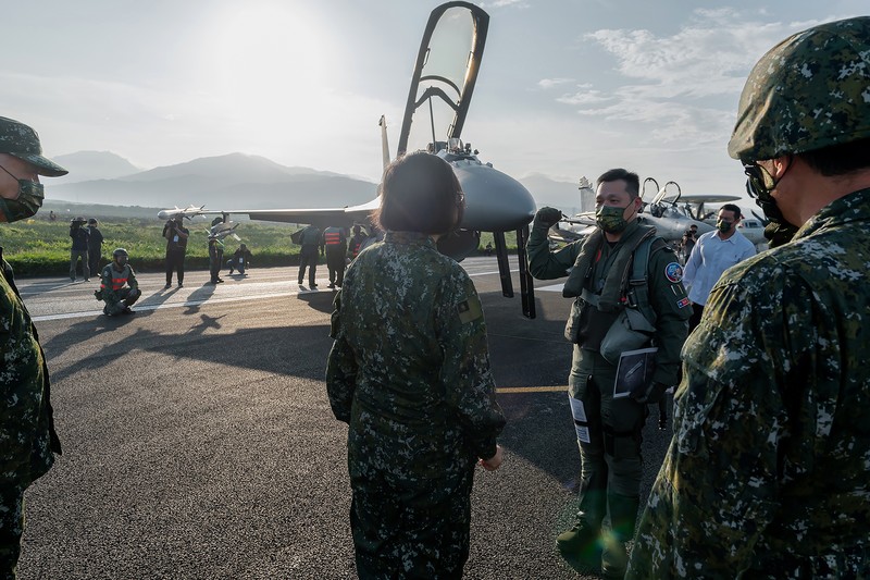 In this photo released by the Taiwan Presidential Office, a military jet taxis along a highway in Jiadong, Taiwan, Wednesday, Sept. 15, 2021. Four military aircraft landed on the highway and took off again on Wednesday as part of Taiwan's five-day Han Guang military exercise designed to prepare the island's forces for an attack by China, which claims Taiwan as part of its own territory. (Taiwan Presidential Office via AP)