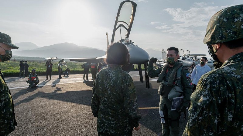 In this photo released by the Taiwan Presidential Office, a military jet taxis along a highway in Jiadong, Taiwan, Wednesday, Sept. 15, 2021. Four military aircraft landed on the highway and took off again on Wednesday as part of Taiwan's five-day Han Guang military exercise designed to prepare the island's forces for an attack by China, which claims Taiwan as part of its own territory. (Taiwan Presidential Office via AP)