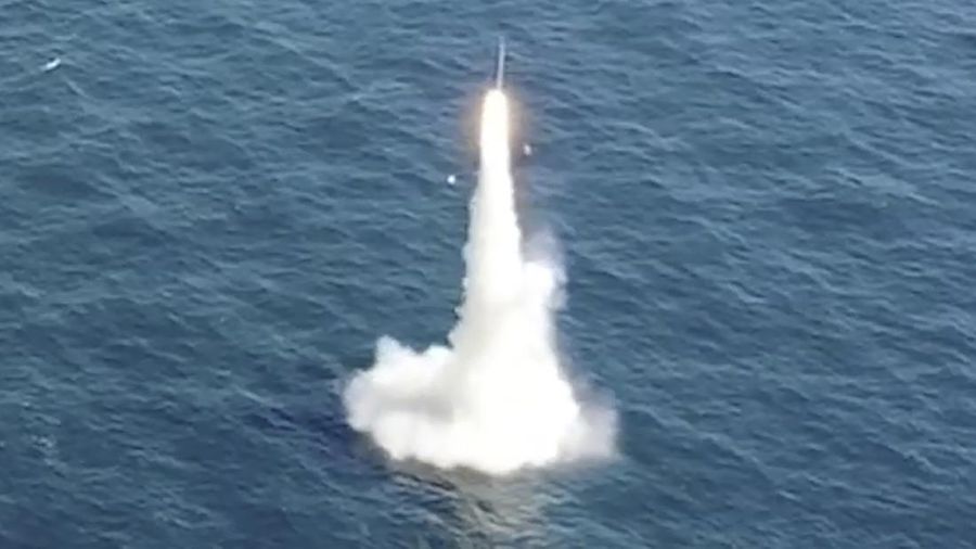 In this image taken from video provided by the South Korea Defense Ministry, South Korea's first underwater-launched ballistic missile is test-fired from a 3,000-ton-class submarine at an undisclosed location in the waters of South Korea, Wednesday, Sept. 15, 2021. The rival Koreas test-launched ballistic missiles hours apart from each other on Wednesday in a display of military assets that came amid a faltering diplomatic push to strip North Korea of its nuclear program. South Korea's presidential office said it conducted its first underwater-launched ballistic missile test on Wednesday afternoon. It said a domestically built missile fired from a 3,000-ton-class submarine flew a previously set distance before hitting a designated target. (South Korea Defense Ministry via AP)
