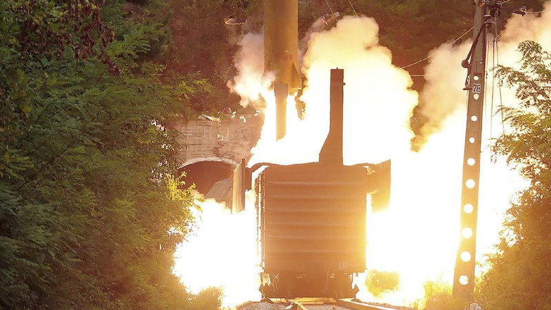 This photo provided by the North Korean government Thursday, Sept. 16, 2021, shows a test missile launched from a train on Sept. 15, 2021, in an undisclosed location of North Korea. North Korea says it succeeded in launching ballistic missiles from a train for the first time in part of continuing efforts to bolster its “war deterrence,” a day after the two Koreas tested-fired missiles hours apart. Independent journalists were not given access to cover the event depicted in this image distributed by the North Korean government. The content of this image is as provided and cannot be independently verified. Korean language watermark on image as provided by source reads: 