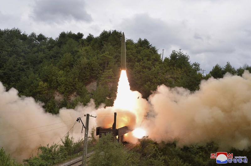 This photo provided by the North Korean government Thursday, Sept. 16, 2021, shows a test missile launched from a train on Sept. 15, 2021, in an undisclosed location of North Korea. North Korea says it succeeded in launching ballistic missiles from a train for the first time in part of continuing efforts to bolster its “war deterrence,” a day after the two Koreas tested-fired missiles hours apart. Independent journalists were not given access to cover the event depicted in this image distributed by the North Korean government. The content of this image is as provided and cannot be independently verified. Korean language watermark on image as provided by source reads: 