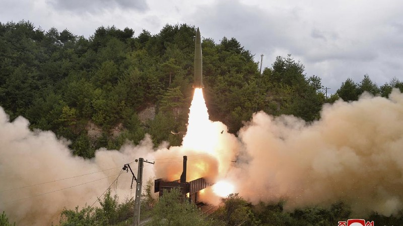 This photo provided by the North Korean government Thursday, Sept. 16, 2021, shows a test missile launched from a train on Sept. 15, 2021, in an undisclosed location of North Korea. North Korea says it succeeded in launching ballistic missiles from a train for the first time in part of continuing efforts to bolster its “war deterrence,” a day after the two Koreas tested-fired missiles hours apart. Independent journalists were not given access to cover the event depicted in this image distributed by the North Korean government. The content of this image is as provided and cannot be independently verified. Korean language watermark on image as provided by source reads: 