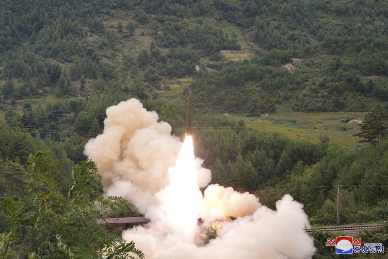 This photo provided by the North Korean government Thursday, Sept. 16, 2021, shows a test missile launched from a train on Sept. 15, 2021, in an undisclosed location of North Korea. North Korea says it succeeded in launching ballistic missiles from a train for the first time in part of continuing efforts to bolster its “war deterrence,” a day after the two Koreas tested-fired missiles hours apart. Independent journalists were not given access to cover the event depicted in this image distributed by the North Korean government. The content of this image is as provided and cannot be independently verified. Korean language watermark on image as provided by source reads: 
