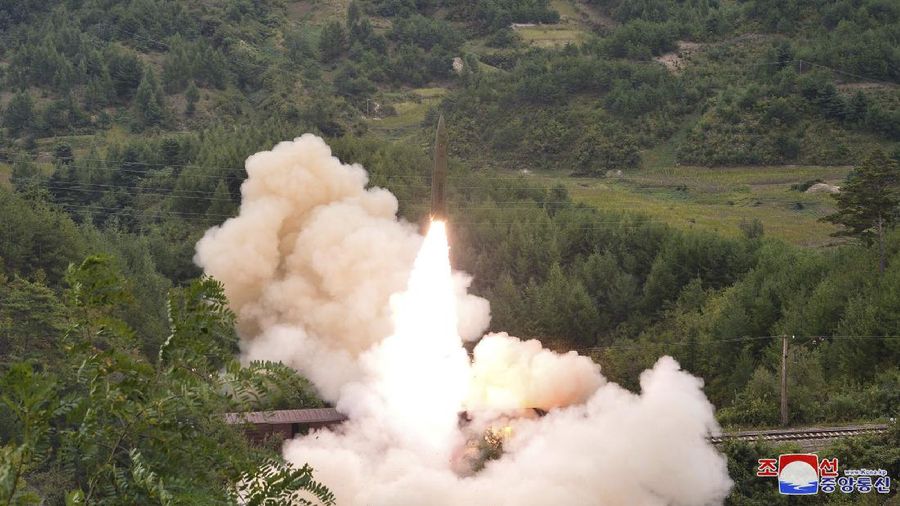 This photo provided by the North Korean government Thursday, Sept. 16, 2021, shows a test missile launched from a train on Sept. 15, 2021, in an undisclosed location of North Korea. North Korea says it succeeded in launching ballistic missiles from a train for the first time in part of continuing efforts to bolster its “war deterrence,” a day after the two Koreas tested-fired missiles hours apart. Independent journalists were not given access to cover the event depicted in this image distributed by the North Korean government. The content of this image is as provided and cannot be independently verified. Korean language watermark on image as provided by source reads: 