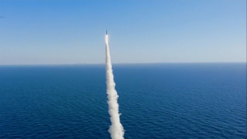 In this image taken from video provided by the South Korea Defense Ministry, South Korea's first underwater-launched ballistic missile is test-fired from a 3,000-ton-class submarine at an undisclosed location in the waters of South Korea, Wednesday, Sept. 15, 2021. The rival Koreas test-launched ballistic missiles hours apart from each other on Wednesday in a display of military assets that came amid a faltering diplomatic push to strip North Korea of its nuclear program. South Korea's presidential office said it conducted its first underwater-launched ballistic missile test on Wednesday afternoon. It said a domestically built missile fired from a 3,000-ton-class submarine flew a previously set distance before hitting a designated target. (South Korea Defense Ministry via AP)