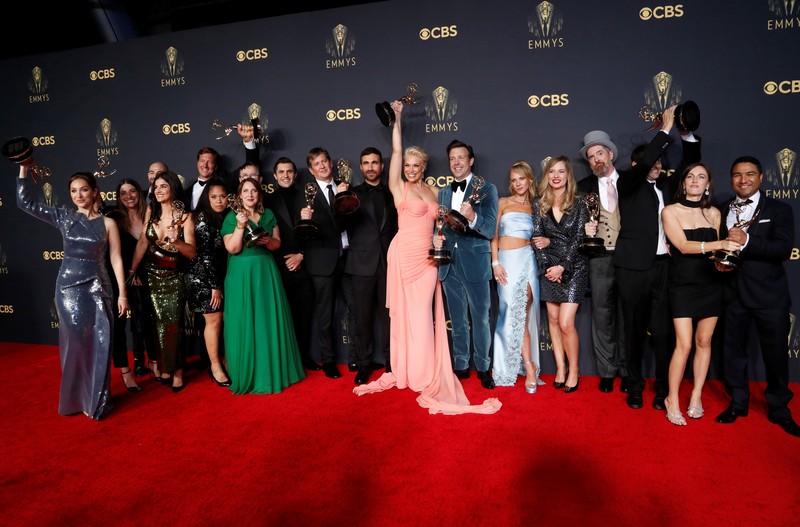 Showrunner Peter Morgan, Director Jessica Hobbs, Executive Producers Stephen Daldry, Robert Fox, Matthew Byam Shaw and Suzanne Mackie, and Producer Oona O'Beirn, pose at the Netflix UK Primetime Emmy Red Carpet for 
