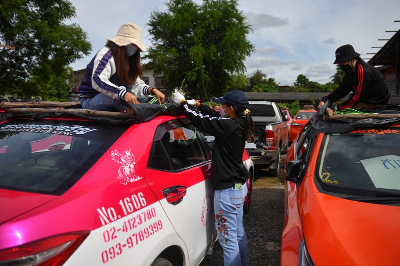 A worker plants vegetables on a roof of unused taxi due to the business crisis caused by the coronavirus disease (COVID-19) pandemic at a taxi garage in Bangkok, Thailand, September 16, 2021. Picture taken September 16, 2021. REUTERS/Chalinee Thirasupa