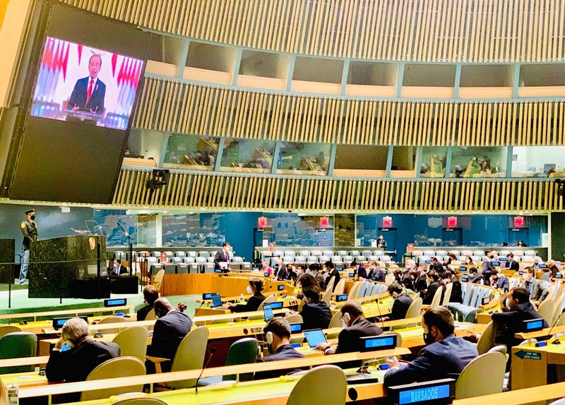 Indonesia’s President Joko Widodo remotely addresses the 76th Session of the U.N. General Assembly by pre-recorded video in New York City, U.S., September 22, 2021. REUTERS/Eduardo Munoz/Pool
