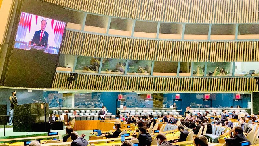 Indonesia’s President Joko Widodo remotely addresses the 76th Session of the U.N. General Assembly by pre-recorded video in New York City, U.S., September 22, 2021. REUTERS/Eduardo Munoz/Pool