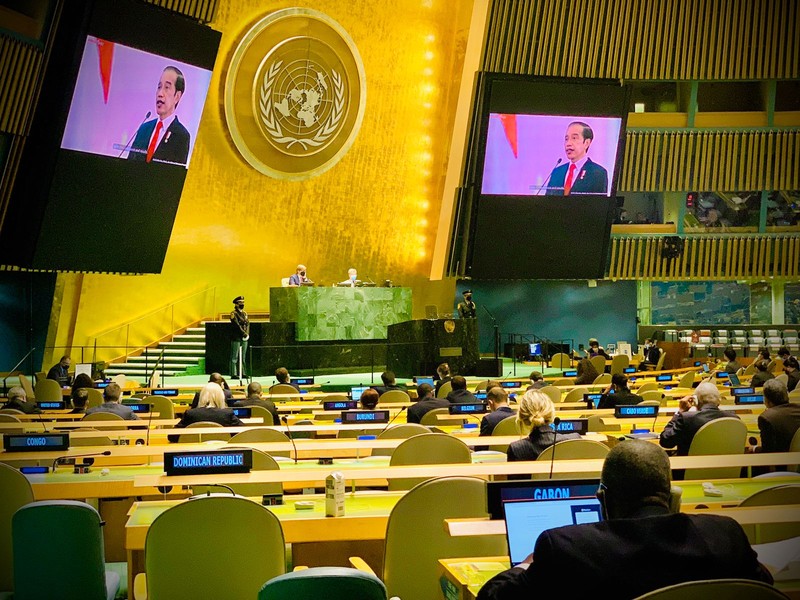 Presiden Jokowi di sidang pbb Indonesia’s President Joko Widodo remotely addresses the 76th Session of the U.N. General Assembly by pre-recorded video in New York City, U.S., September 22, 2021. REUTERS/Eduardo Munoz/Pool