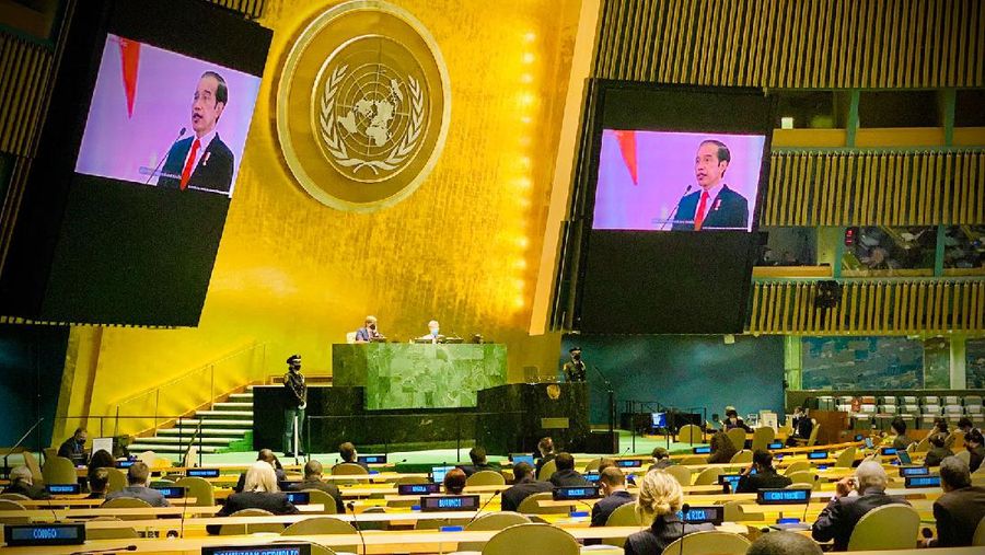 Indonesia’s President Joko Widodo remotely addresses the 76th Session of the U.N. General Assembly by pre-recorded video in New York City, U.S., September 22, 2021. REUTERS/Eduardo Munoz/Pool