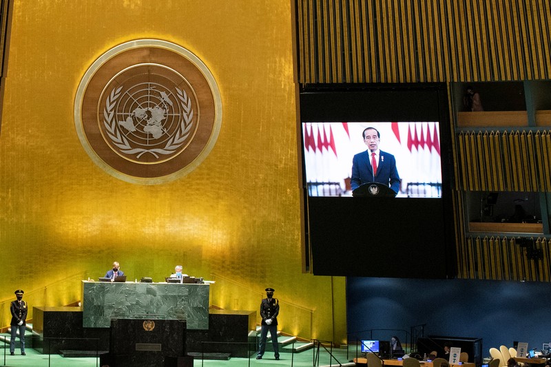 Presiden Jokowi di sidang pbb Indonesia’s President Joko Widodo remotely addresses the 76th Session of the U.N. General Assembly by pre-recorded video in New York City, U.S., September 22, 2021. REUTERS/Eduardo Munoz/Pool
