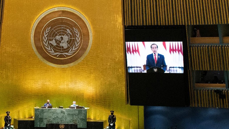 Indonesia’s President Joko Widodo remotely addresses the 76th Session of the U.N. General Assembly by pre-recorded video in New York City, U.S., September 22, 2021. REUTERS/Eduardo Munoz/Pool