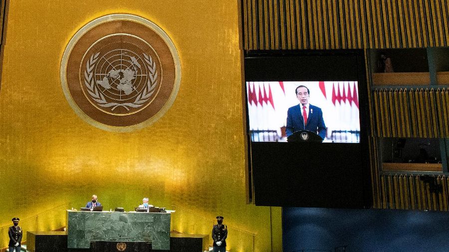 Indonesia’s President Joko Widodo remotely addresses the 76th Session of the U.N. General Assembly by pre-recorded video in New York City, U.S., September 22, 2021. REUTERS/Eduardo Munoz/Pool