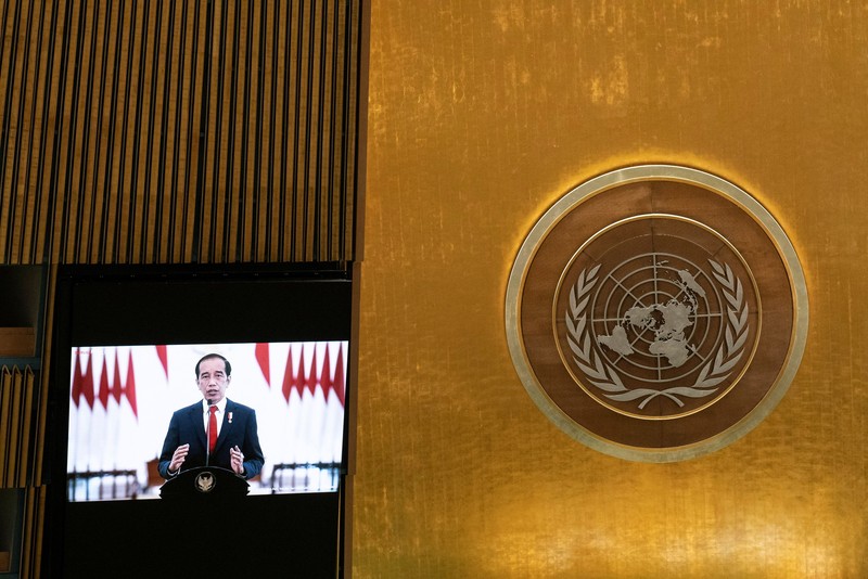 Indonesia’s President Joko Widodo remotely addresses the 76th Session of the U.N. General Assembly by pre-recorded video in New York City, U.S., September 22, 2021. REUTERS/Eduardo Munoz/Pool