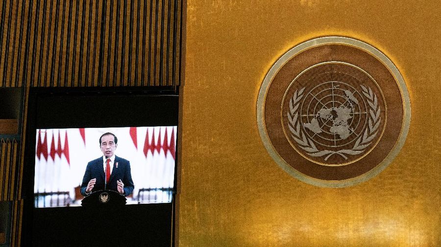Indonesia’s President Joko Widodo remotely addresses the 76th Session of the U.N. General Assembly by pre-recorded video in New York City, U.S., September 22, 2021. REUTERS/Eduardo Munoz/Pool