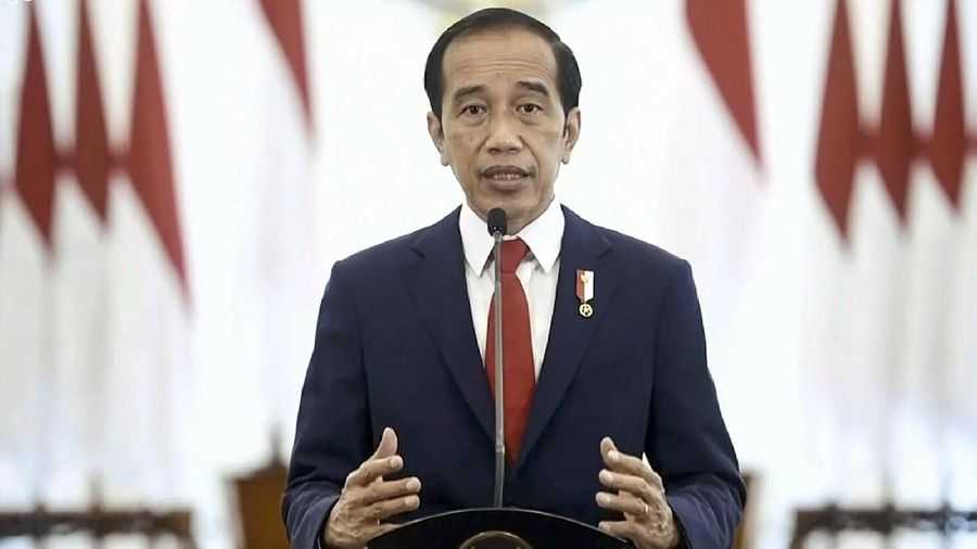 In this photo taken from video and shown at United Nations headquarters, Indonesia's President Joko Widodo remotely addresses the 76th session of the U.N. General Assembly in a pre-recorded message, Wednesday, Sept. 22, 2021. (UN Web TV via AP)