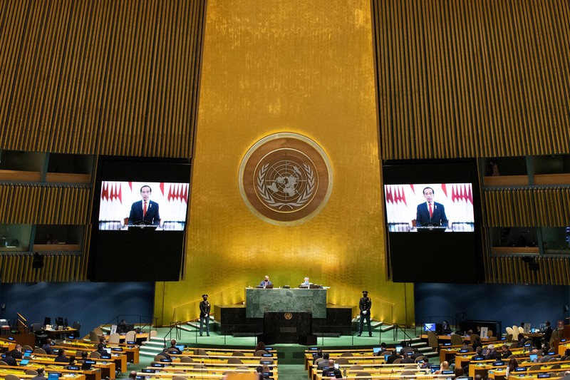 Indonesia’s President Joko Widodo remotely addresses the 76th Session of the U.N. General Assembly by pre-recorded video in New York City, U.S., September 22, 2021. REUTERS/Eduardo Munoz/Pool