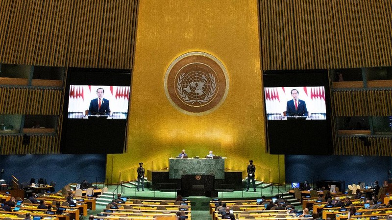 Indonesia’s President Joko Widodo remotely addresses the 76th Session of the U.N. General Assembly by pre-recorded video in New York City, U.S., September 22, 2021. REUTERS/Eduardo Munoz/Pool