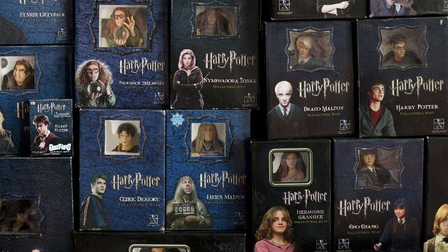 Harry Potter collectible busts are displayed in the home of Menahem Asher Silva Vargas, after he was presented with a Guinness World Record title certificate for the largest collection of Harry Potter memorabilia, in Mexico City, Monday, Sept. 29, 2014. Silva's collection consists of more than 3000 individual items, including trading cards, wands, and books in multiple languages.(AP Photo/Rebecca Blackwell)