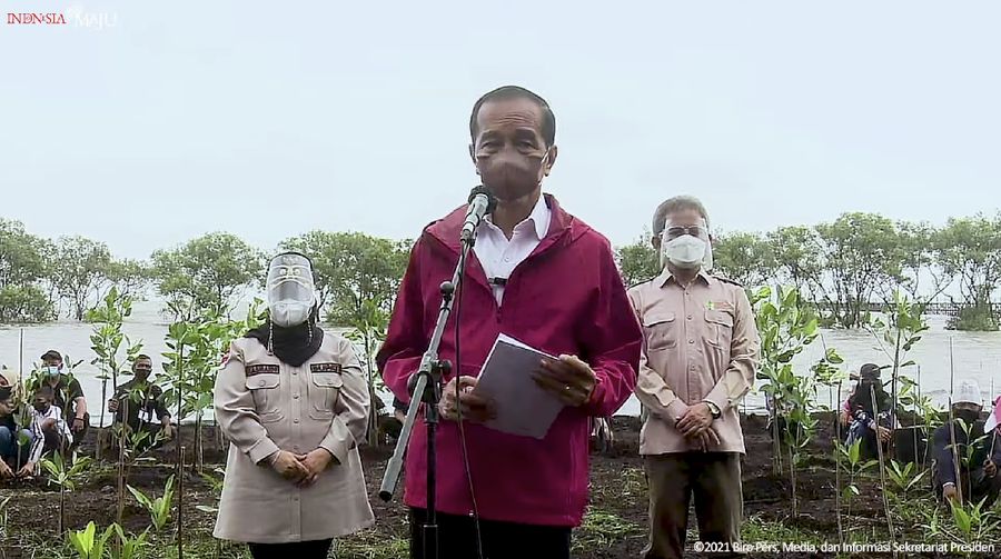 Pesiden RI menanam pohon mangrove di Pantai Wisata Raja Kecik, Bengkalis, (28/09/2021). (Dok: Tangkapan layar Youtube Setpres RI)