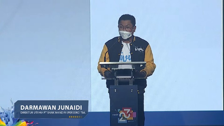 Direktur Utama Bank Mandiri, Darmawan Junaidi di Acara HUt Mandiri 23 (Tangkapan Layar Youtube)