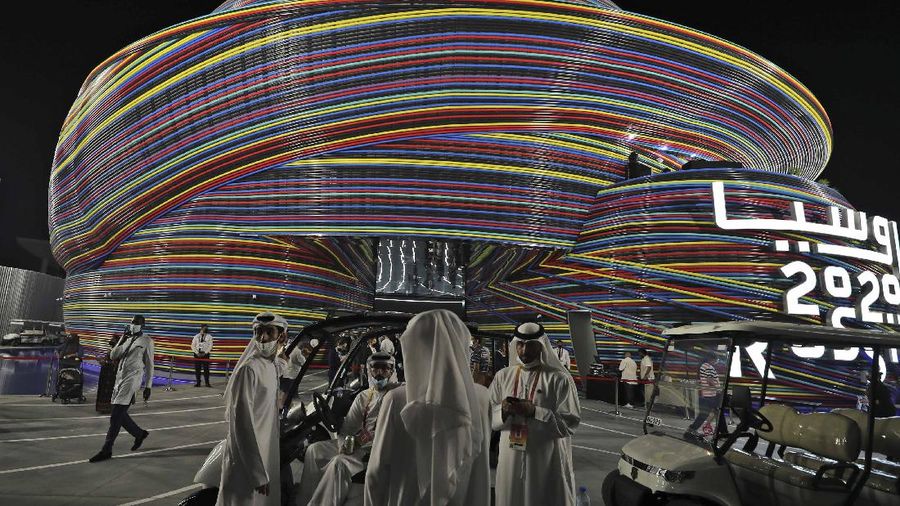 People visit the Russia pavilion during the first day of the Dubai Expo 2020 in Dubai, United Arab Emirates, Friday, Oct, 1, 2021. (AP Photo/Kamran Jebreili)