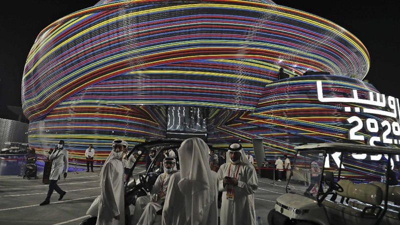 People visit the Russia pavilion during the first day of the Dubai Expo 2020 in Dubai, United Arab Emirates, Friday, Oct, 1, 2021. (AP Photo/Kamran Jebreili)