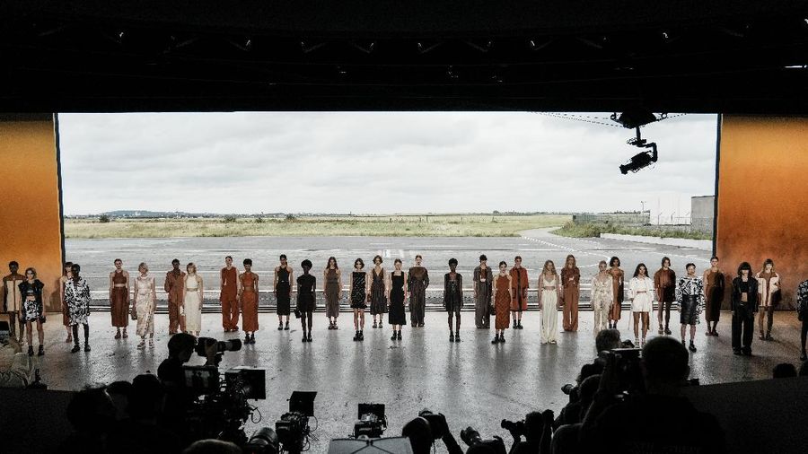 Models wear creations for the Hermes Spring-Summer 2022 ready-to-wear fashion show presented Saturday, Oct. 2, 2021, in Paris. (AP Photo/Thibault Camus)