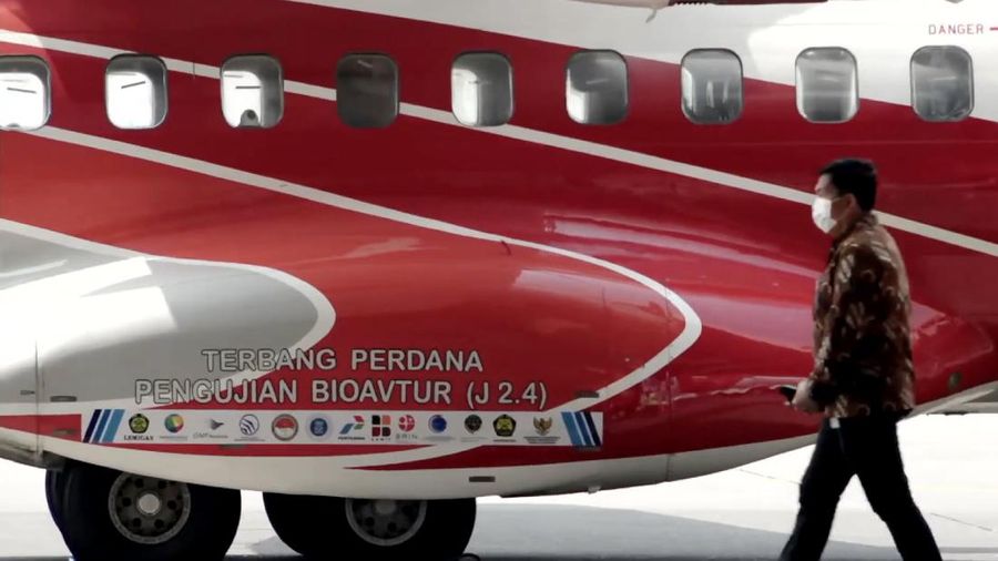 A CN-235 aircraft is refuelled with Bioavtur as part of trials on bio jet fuel, at Dirgantara Indonesia, in Bandung, West Java province, Indonesia, September 6, 2021. Picture taken September 6, 2021. Adityo Pratomo/Courtesy of Pertamina/Handout via REUTERS  THIS IMAGE HAS BEEN SUPPLIED BY A THIRD PARTY. MANDATORY CREDIT. NO RESALES. NO ARCHIVES.