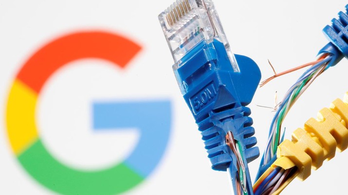 Broken Ethernet cables are seen in front of a displayed Google logo in this illustration taken October 5, 2021. REUTERS/Dado Ruvic/Illustration
