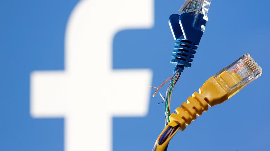 Broken Ethernet cables are seen in front of displayed Facebook logo in this illustration taken October 5, 2021. REUTERS/Dado Ruvic/Illustration