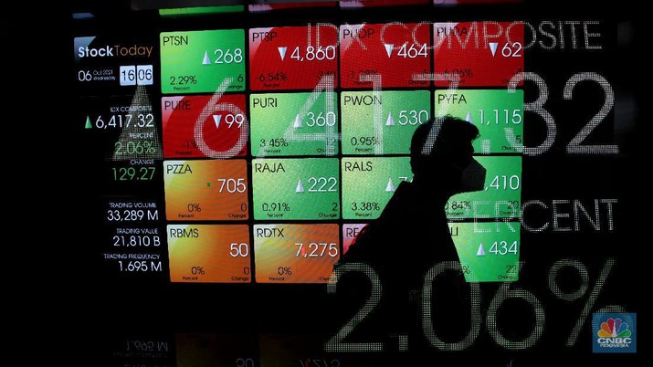 Karyawan melintas di dekat layar pergerakan Indeks Harga Saham Gabungan (IHSG) di gedung Bursa Efek Indonesia, Jakarta, Rabu (6/10/2021). Indeks Harga Saham Gabungan berhasil mempertahankan reli dan ditutup terapresiasi 2,06% di level 6.417 pada perdagangan Rabu (06/10/2021). (CNBC Indonesia/Andrean Kristianto) Karyawan melintas di dekat layar pergerakan Indeks Harga Saham Gabungan (IHSG) di gedung Bursa Efek Indonesia, Jakarta, Rabu (6/10/2021). Indeks Harga Saham Gabungan berhasil mempertahankan reli dan ditutup terapresiasi 2,06% di level 6.417 pada perdagangan Rabu (06/10/2021). (CNBC Indonesia/Andrean Kristianto)
