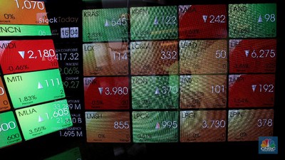 Karyawan melintas di dekat layar pergerakan Indeks Harga Saham Gabungan (IHSG) di gedung Bursa Efek Indonesia, Jakarta, Rabu (6/10/2021).  Indeks Harga Saham Gabungan berhasil mempertahankan reli dan ditutup terapresiasi 2,06% di level 6.417 pada perdagangan Rabu (06/10/2021). (CNBC Indonesia/Andrean Kristianto)