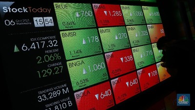 Karyawan melintas di dekat layar pergerakan Indeks Harga Saham Gabungan (IHSG) di gedung Bursa Efek Indonesia, Jakarta, Rabu (6/10/2021).  Indeks Harga Saham Gabungan berhasil mempertahankan reli dan ditutup terapresiasi 2,06% di level 6.417 pada perdagangan Rabu (06/10/2021). (CNBC Indonesia/Andrean Kristianto)
