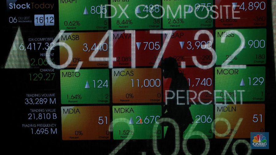 Karyawan melintas di dekat layar pergerakan Indeks Harga Saham Gabungan (IHSG) di gedung Bursa Efek Indonesia, Jakarta, Rabu (6/10/2021). Indeks Harga Saham Gabungan berhasil mempertahankan reli dan ditutup terapresiasi 2,06% di level 6.417 pada perdagangan Rabu (06/10/2021). (CNBC Indonesia/Andrean Kristianto)