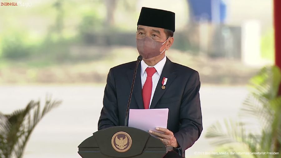 Jokowi di Upacara Penetapan Komponen Cadangan Tahun 2021, Pusdiklatpassus, Bandung Barat, 7 Oktober 2021