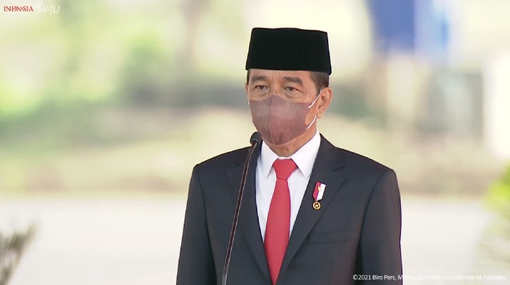 Jokowi di Upacara Penetapan Komponen Cadangan Tahun 2021, Pusdiklatpassus, Bandung Barat, 7 Oktober 2021