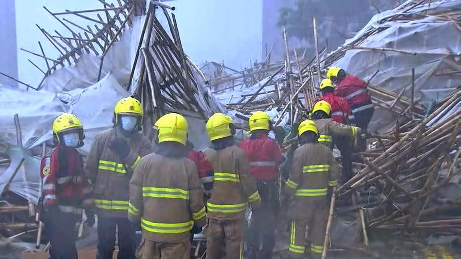 Collapsed bamboo scaffolds of a residential building are seen as Typhoon Lionrock hits Hong Kong, China October 8, 2021. REUTERS/Lam Yik