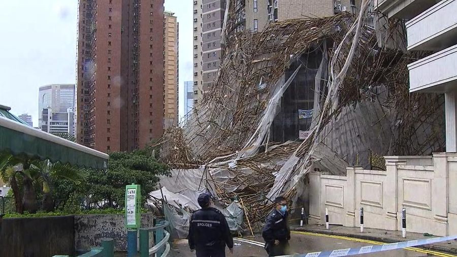 Collapsed bamboo scaffolds of a residential building are seen as Typhoon Lionrock hits Hong Kong, China October 8, 2021. REUTERS/Lam Yik