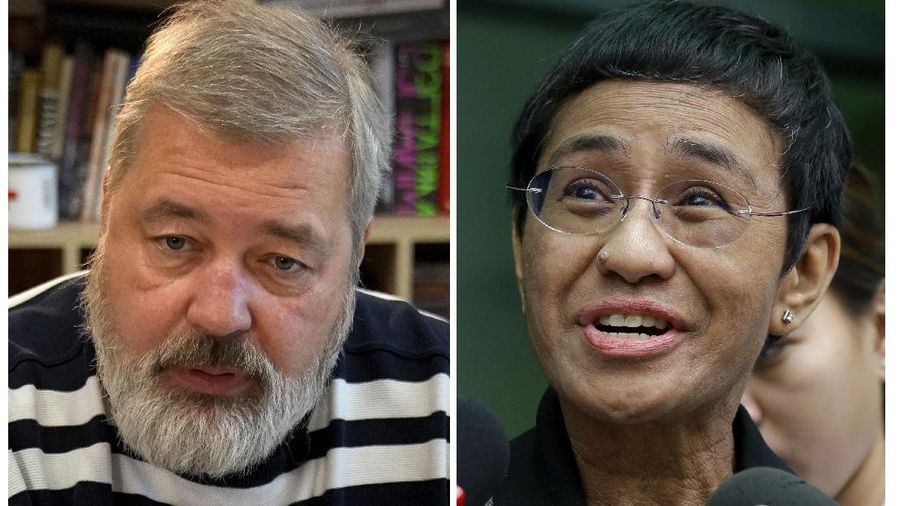 FILE - A combo of file images of Novaya Gazeta editor Dmitry Muratov, left, and of Rappler CEO and Executive Editor Maria Ressa. On Friday, Oct. 8, 2021 the Nobel Peace Prize was awarded to journalists Maria Ressa of the Philippines and Dmitry Muratov of Russia for their fight for freedom of expression. (AP Photo/Alexander Zemlianichenko and Aaron Favila, File)