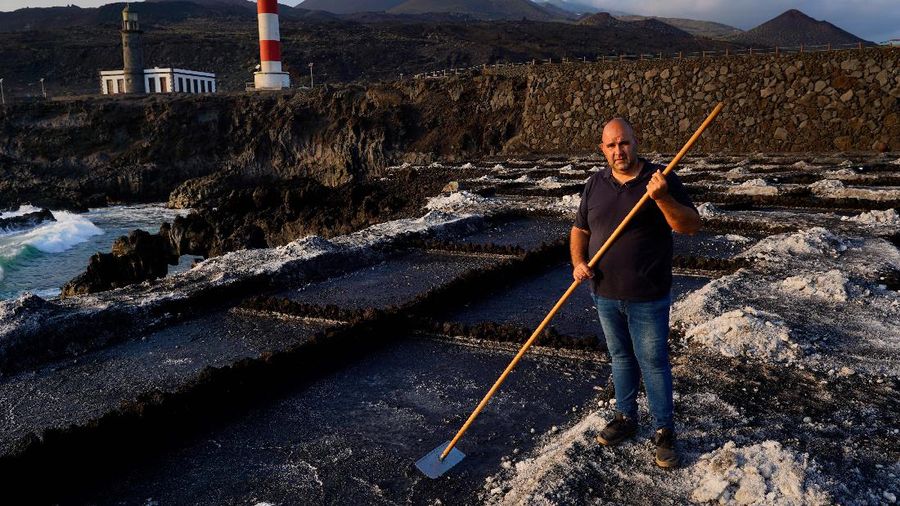 Garam yang terkena abu vulkanik yang disebabkan oleh letusan gunung berapi Cumbre Vieja, di Fuencaliente, di Pulau Canary La Palma, Spanyol. (REUTERS/JUAN MEDINA)