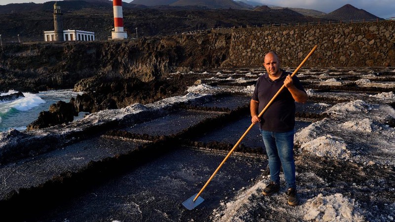 Garam yang terkena abu vulkanik yang disebabkan oleh letusan gunung berapi Cumbre Vieja, di Fuencaliente, di Pulau Canary La Palma, Spanyol. (REUTERS/JUAN MEDINA)