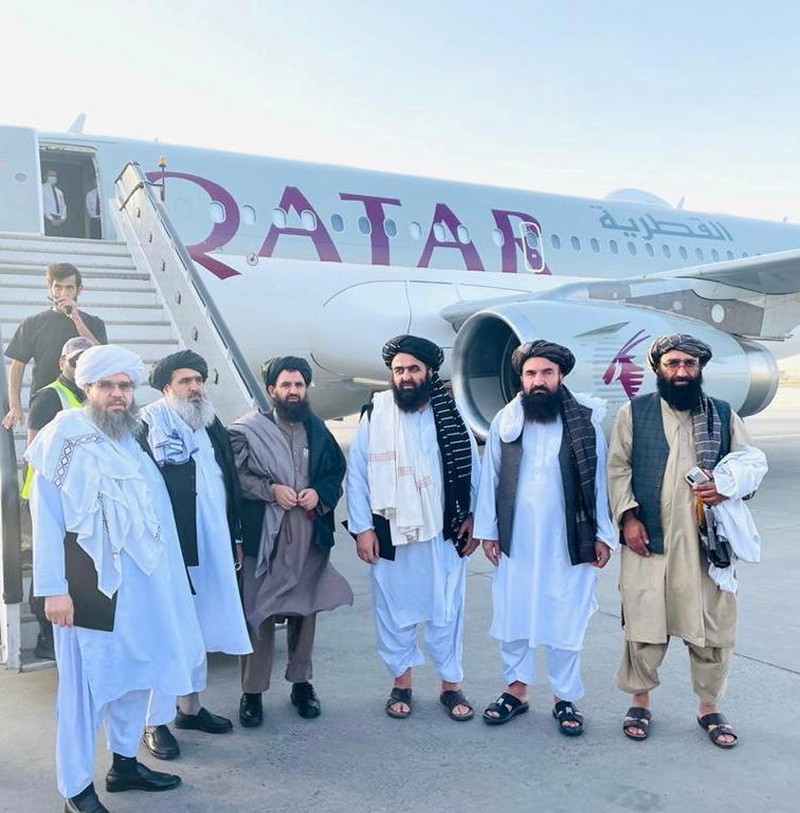 Taliban delegates meet with Qatar delegates in Doha, Qatar, in this handout photo uploaded to social media on October 9, 2021. Picture uploaded on on October 9, 2021. Social media handout/via REUTERS ATTENTION EDITORS - THIS IMAGE HAS BEEN SUPPLIED BY A THIRD PARTY. NO RESALES. NO ARCHIVES.